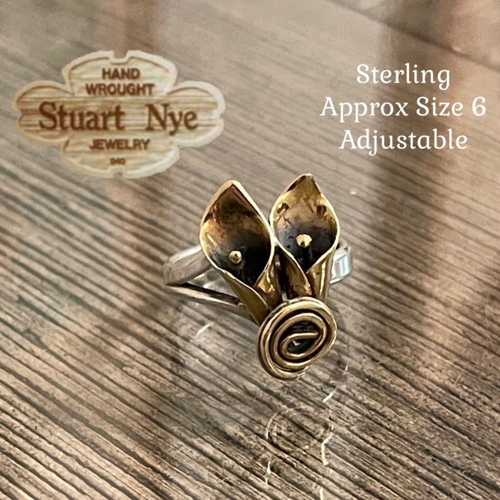 Stuart Nye Brass and Silver Calla Lily Floral Ring Size 6 Adjustable